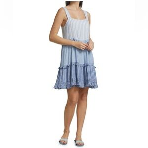 Rails Sandy Striped Ruffled Tiered Mini Dress Blue‎ White Cotton Size Large